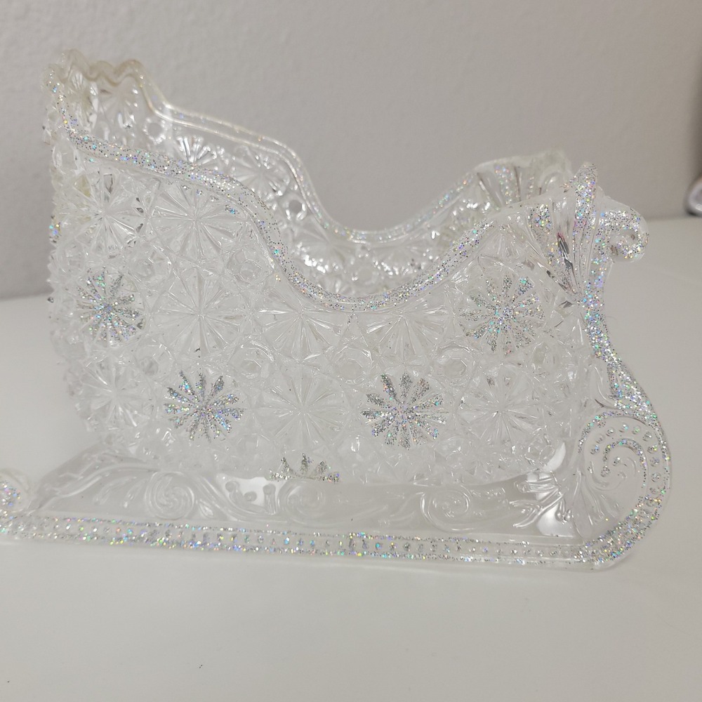 Clear Acrylic Christmas Sleigh Candy Dish Glitter Accents Holiday Decor 8.5in